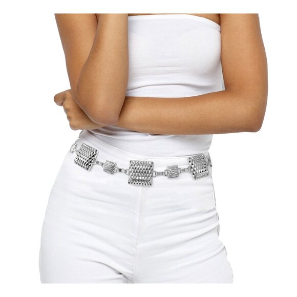 Tigerstars Silver Textured Metal Square Link Chain Waist Belt - Picture 1 of 3